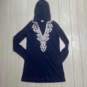 Lilly Pulitzer True Navy Blue Shell Embroidered Hooded Swim Coverup Tunic Sz XS